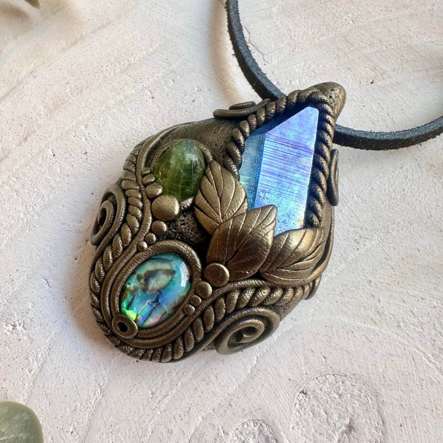Aqua Aura Quartz pendant necklace handcrafted with Abalone Seashell and Peridot natural gemstones.