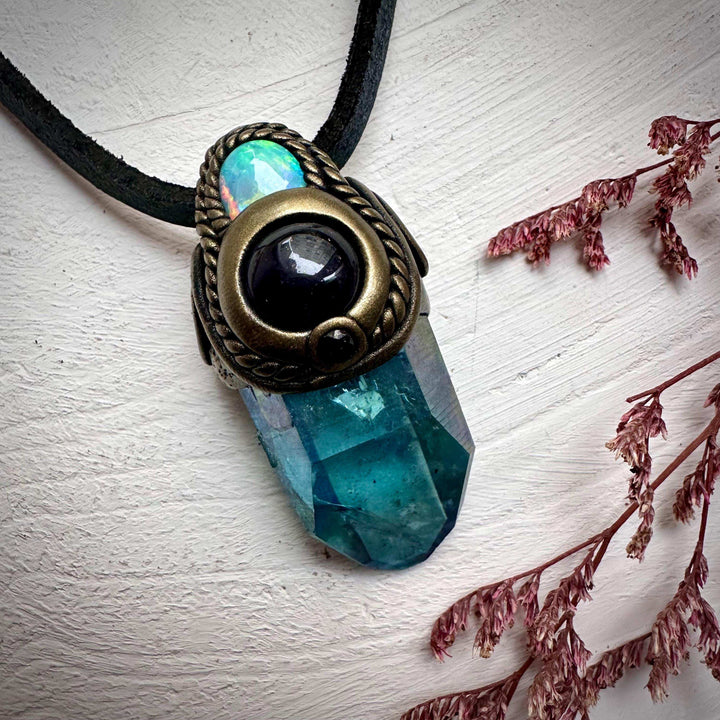 Aqua Aura Quartz Amethyst Australian Opal and Blue Sapphire Necklace - FairyGardenGlow
