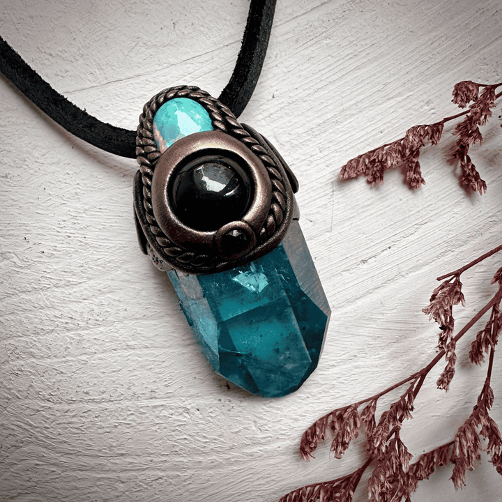 Aqua Aura Quartz Amethyst Australian Opal and Blue Sapphire Necklace - FairyGardenGlow