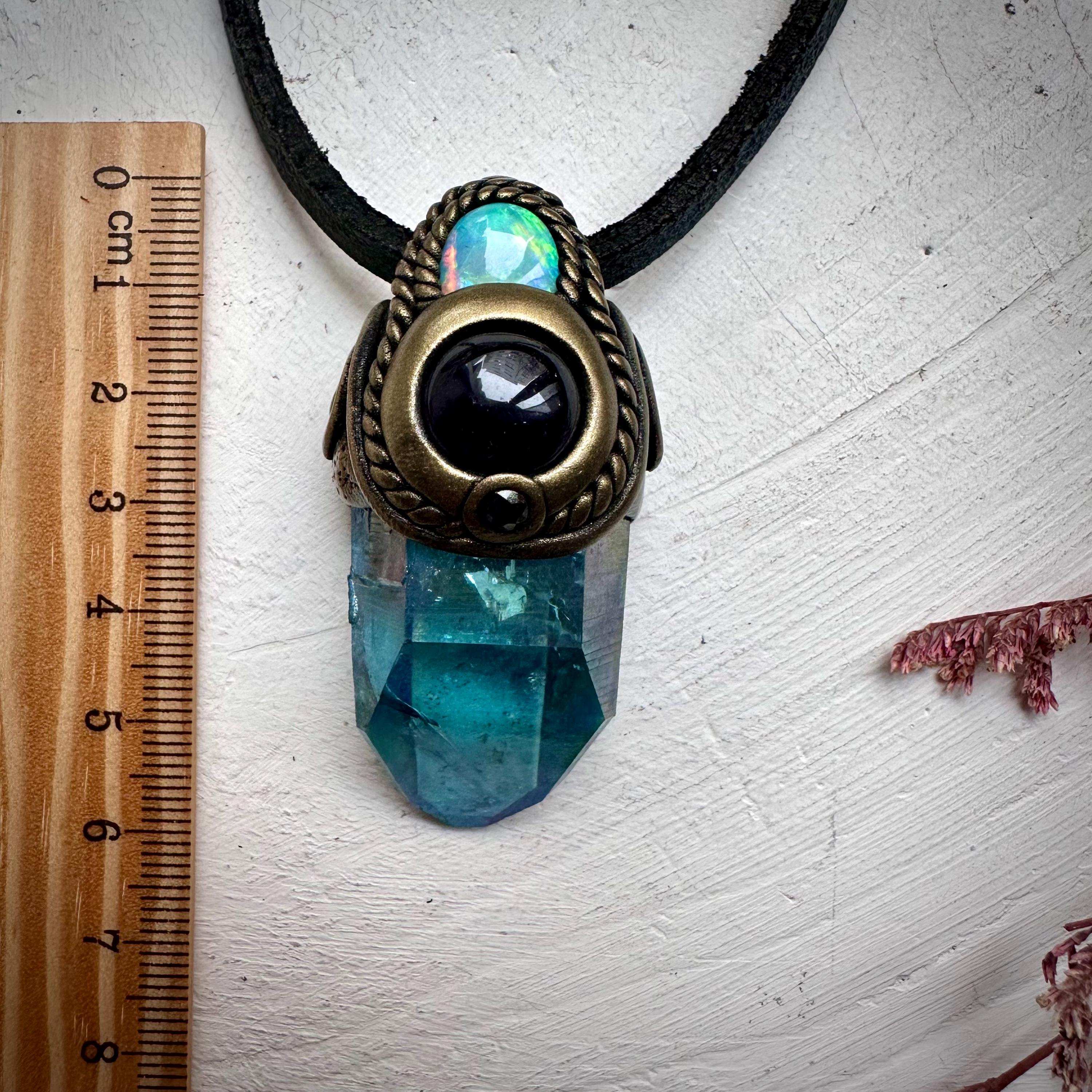 Aqua Aura Quartz Amethyst Australian Opal and Blue Sapphire Necklace - FairyGardenGlow