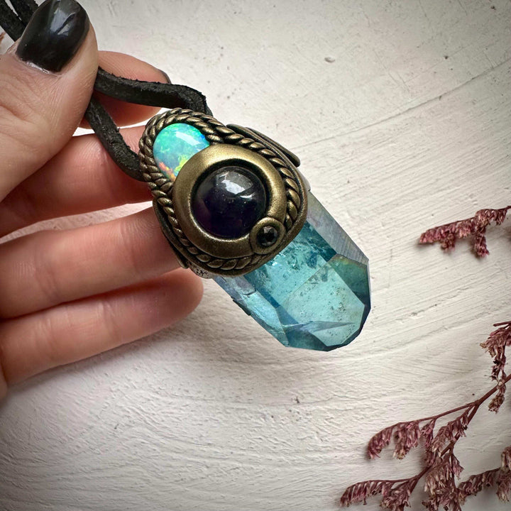 Aqua Aura Quartz Amethyst Australian Opal and Blue Sapphire Necklace - FairyGardenGlow