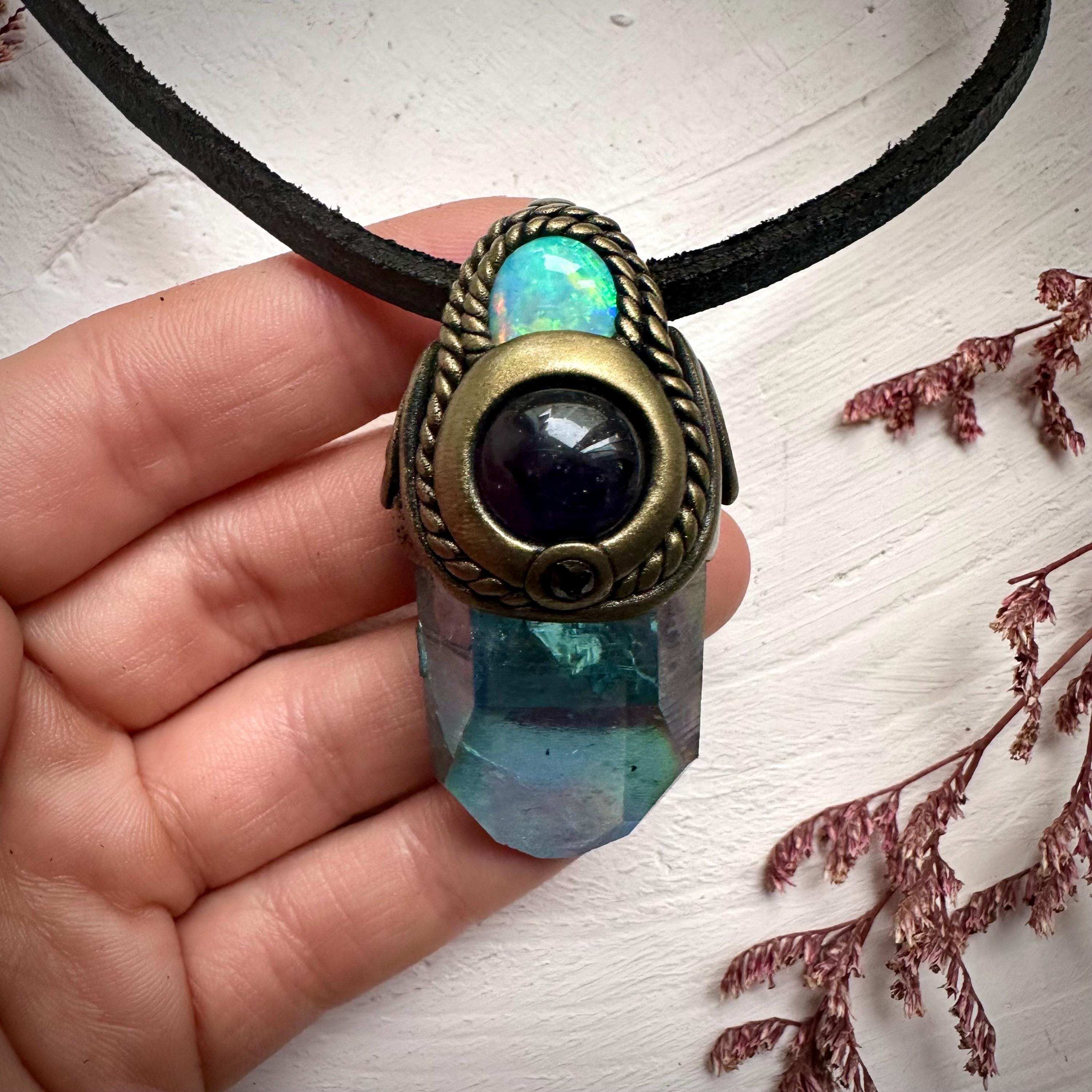 Aqua Aura Quartz Amethyst Australian Opal and Blue Sapphire Necklace - FairyGardenGlow