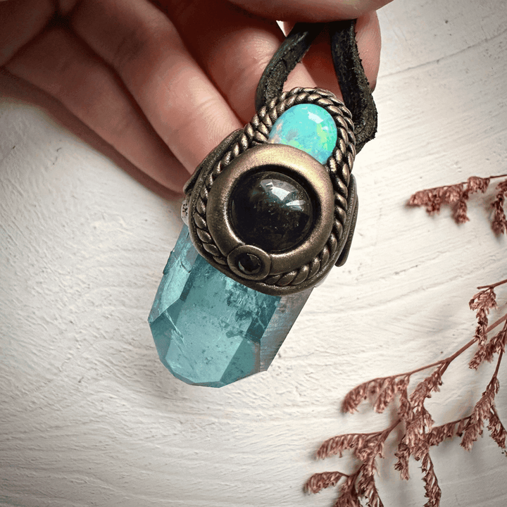Aqua Aura Quartz Amethyst Australian Opal and Blue Sapphire Necklace - FairyGardenGlow