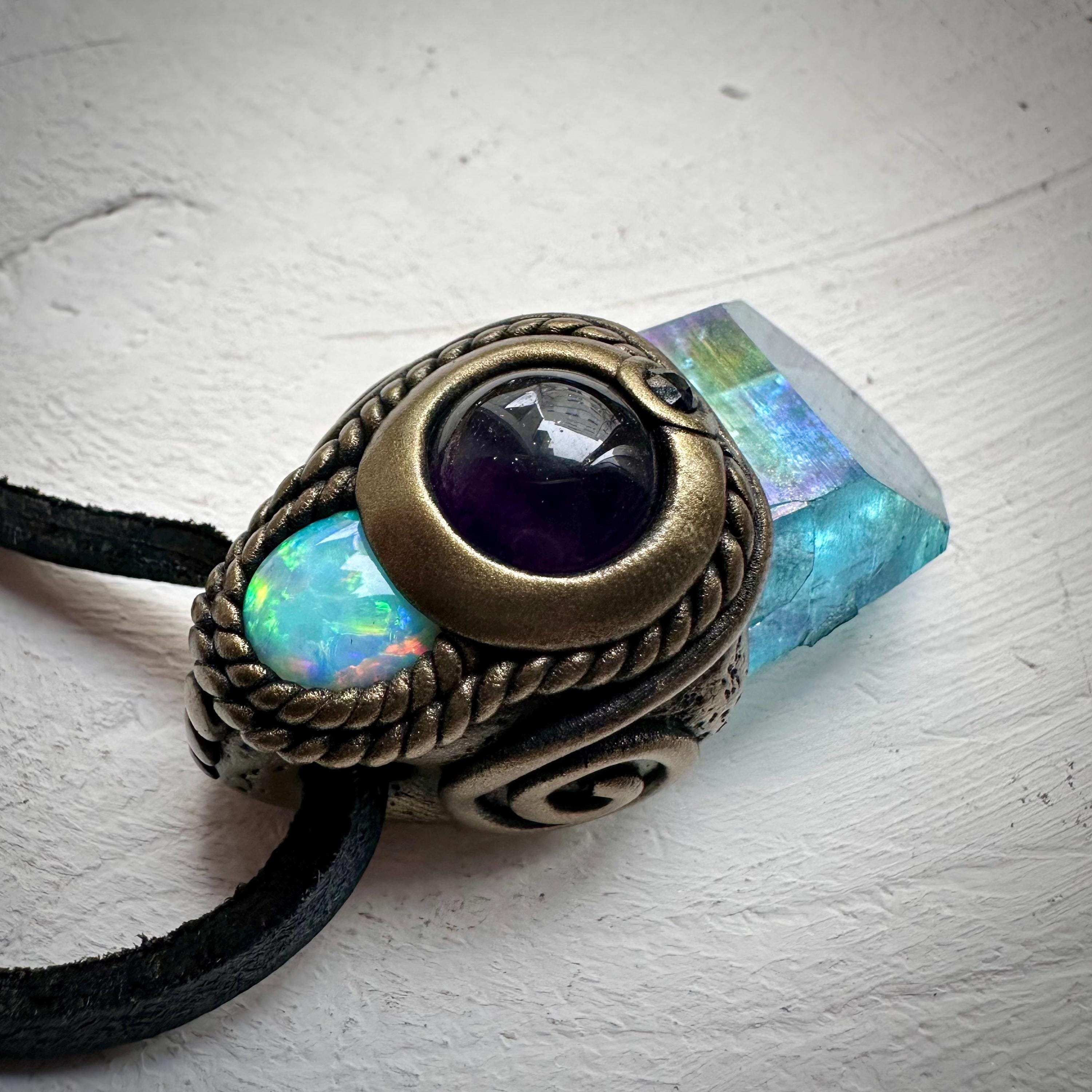 Aqua Aura Quartz Amethyst Australian Opal and Blue Sapphire Necklace - FairyGardenGlow