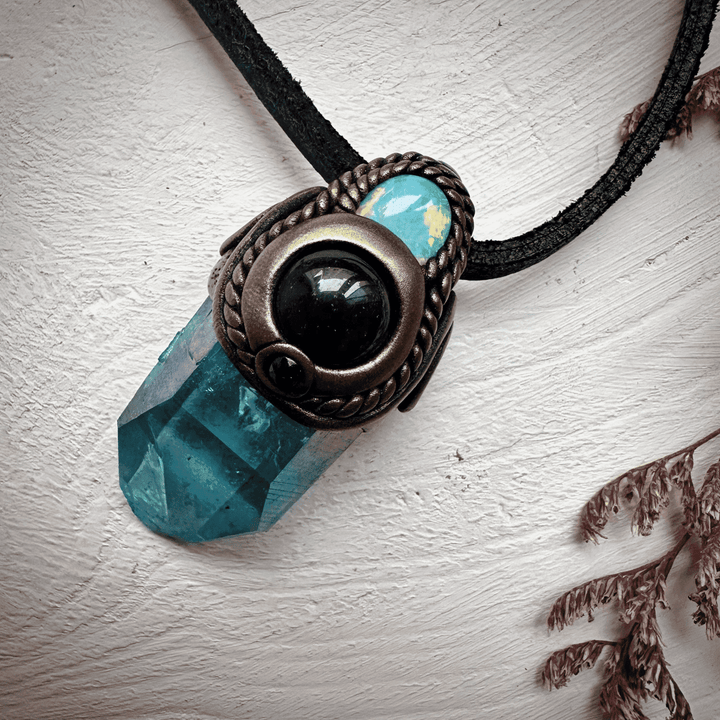Aqua Aura Quartz Amethyst Australian Opal and Blue Sapphire Necklace - FairyGardenGlow