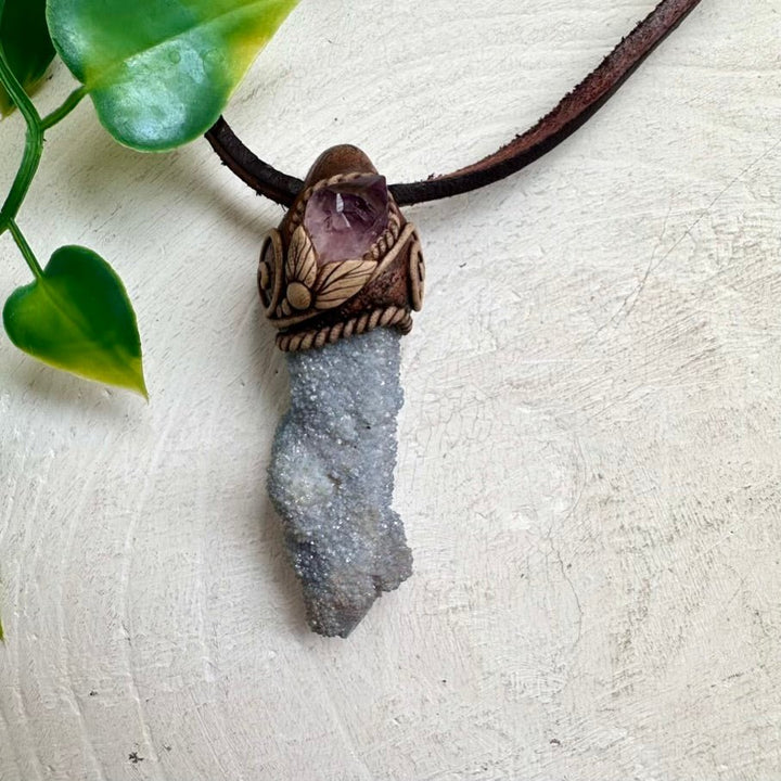 Aqua Aura Spirit Quartz and Raw Amethyst Pendant Necklace - FairyGardenGlow