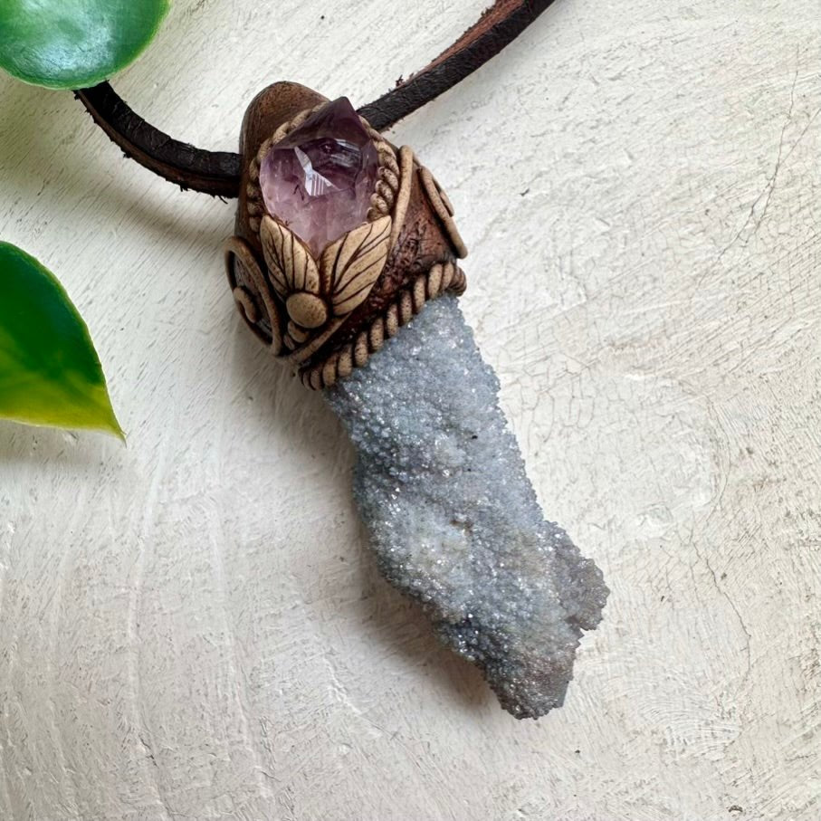 Aqua Aura Spirit Quartz and Raw Amethyst Pendant Necklace - FairyGardenGlow
