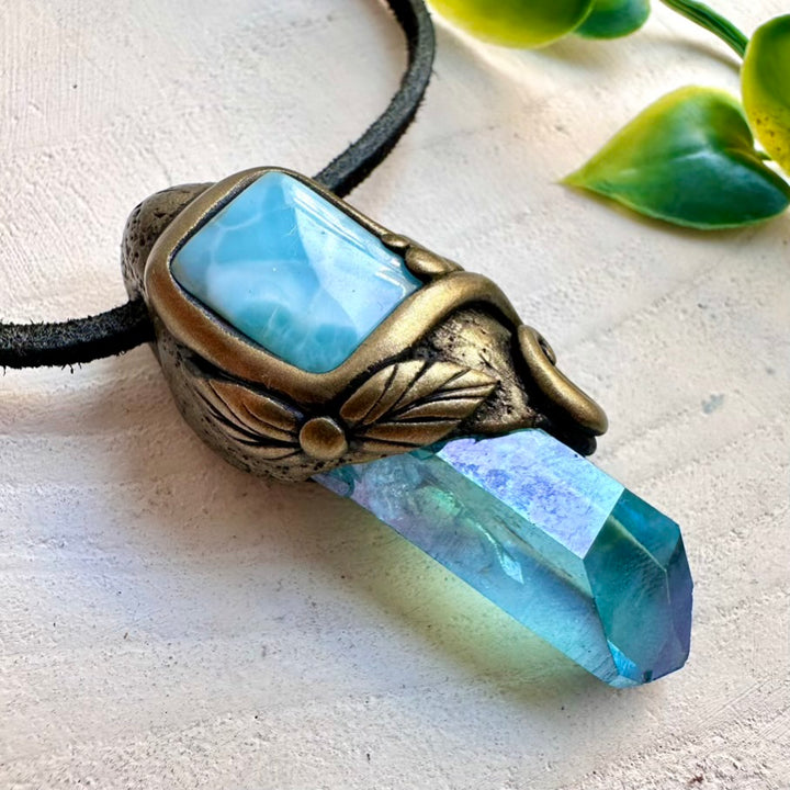 Healing crystal necklace with Aqua Aura Quartz and Larimar