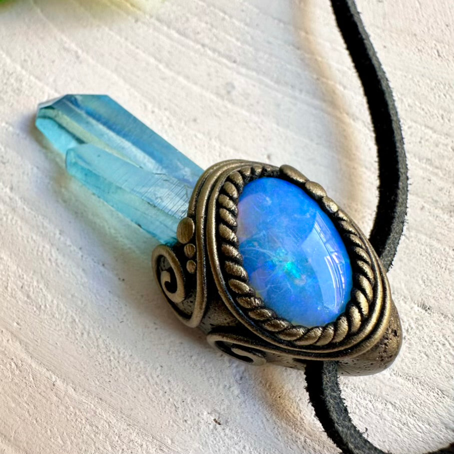 Spiritual handmade gemstone necklace featuring Aqua Aura Quartz and Australian Opal