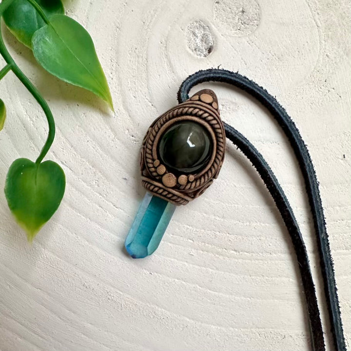 Unisex Aqua Aura Quartz necklace accented with Rainbow Obsidian