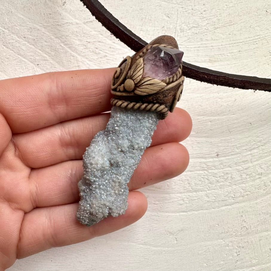 Aqua Aura Spirit Quartz and Raw Amethyst Pendant Necklace - FairyGardenGlow
