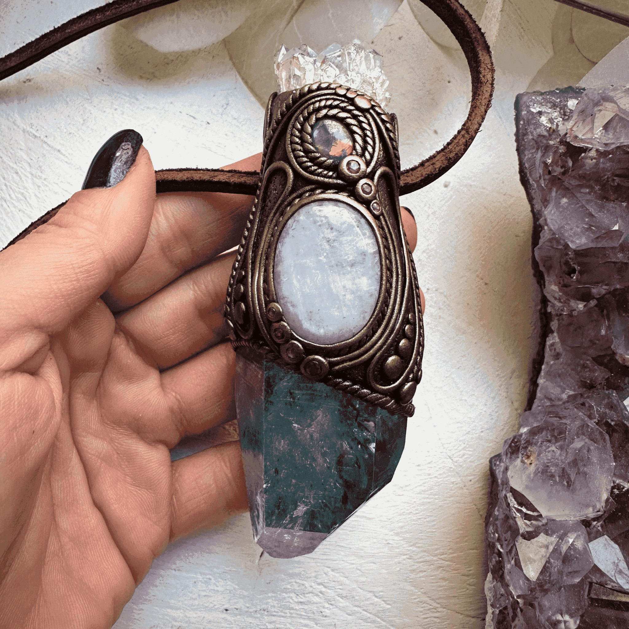 Aqua Aura Quartz with Angel Aura Amethyst Rainbow Moonstone Australian Opal Triplet and Ruby Wand / Pendant - FairyGardenGlow