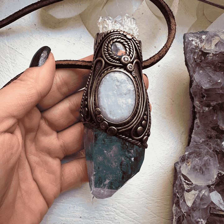 Aqua Aura Quartz with Angel Aura Amethyst Rainbow Moonstone Australian Opal Triplet and Ruby Wand / Pendant - FairyGardenGlow