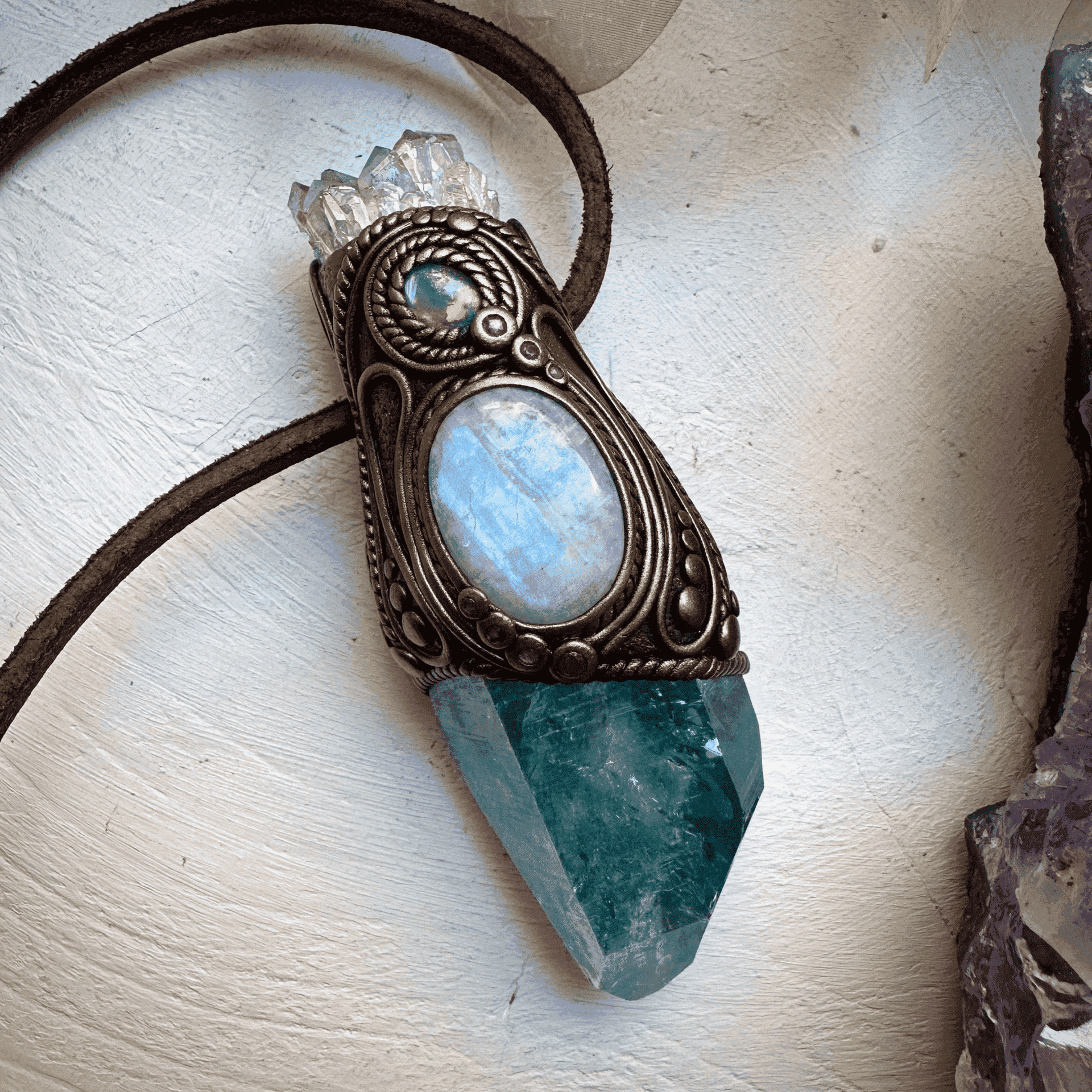 Aqua Aura Quartz with Angel Aura Amethyst Rainbow Moonstone Australian Opal Triplet and Ruby Wand / Pendant - FairyGardenGlow