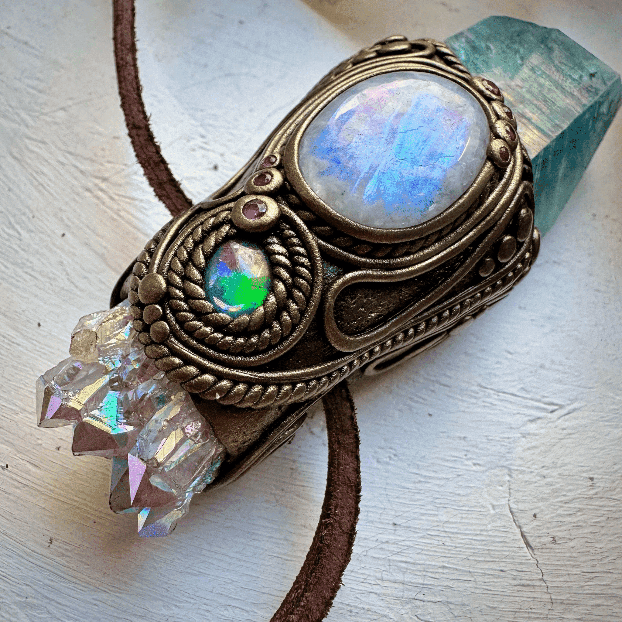 Aqua Aura Quartz with Angel Aura Amethyst Rainbow Moonstone Australian Opal Triplet and Ruby Wand / Pendant - FairyGardenGlow