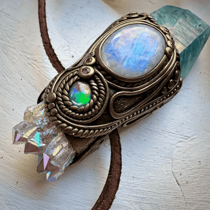 Aqua Aura Quartz with Angel Aura Amethyst Rainbow Moonstone Australian Opal Triplet and Ruby Wand / Pendant - FairyGardenGlow