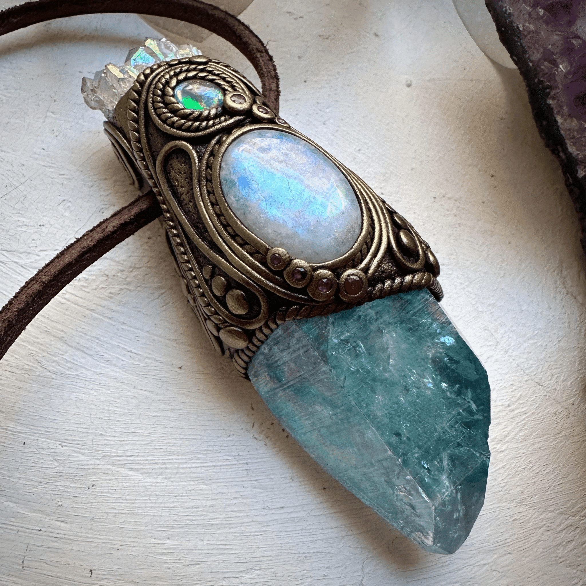 Aqua Aura Quartz with Angel Aura Amethyst Rainbow Moonstone Australian Opal Triplet and Ruby Wand / Pendant - FairyGardenGlow