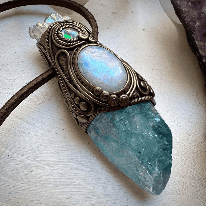 Aqua Aura Quartz with Angel Aura Amethyst Rainbow Moonstone Australian Opal Triplet and Ruby Wand / Pendant - FairyGardenGlow
