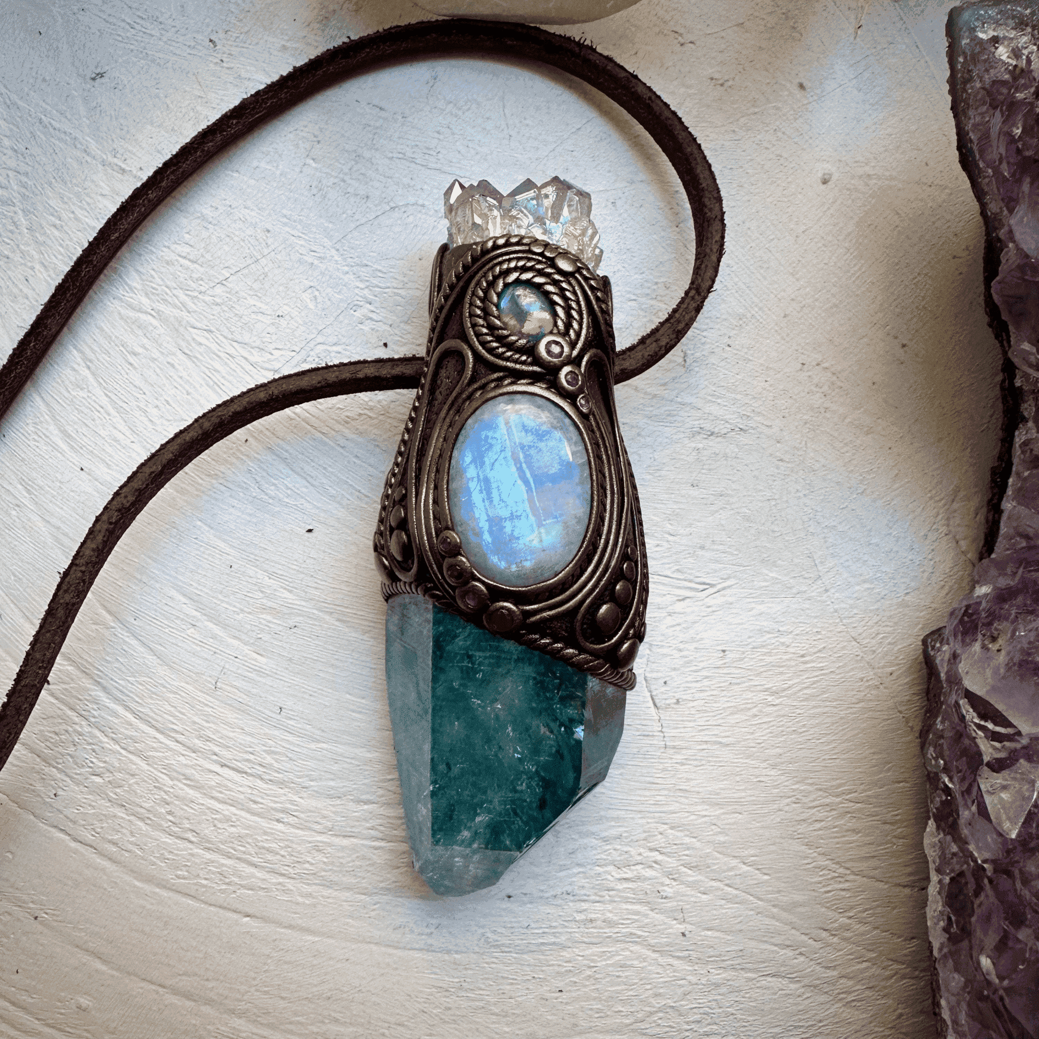 Aqua Aura Quartz with Angel Aura Amethyst Rainbow Moonstone Australian Opal Triplet and Ruby Wand / Pendant - FairyGardenGlow