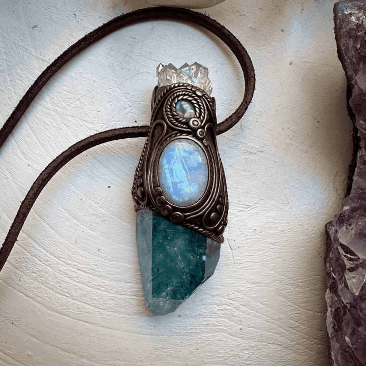 Aqua Aura Quartz with Angel Aura Amethyst Rainbow Moonstone Australian Opal Triplet and Ruby Wand / Pendant - FairyGardenGlow