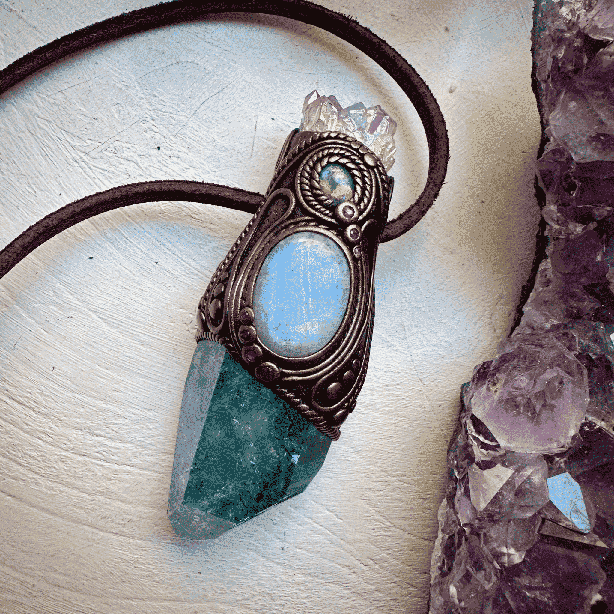 Aqua Aura Quartz with Angel Aura Amethyst Rainbow Moonstone Australian Opal Triplet and Ruby Wand / Pendant - FairyGardenGlow