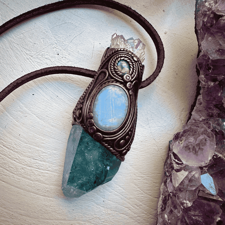 Aqua Aura Quartz with Angel Aura Amethyst Rainbow Moonstone Australian Opal Triplet and Ruby Wand / Pendant - FairyGardenGlow