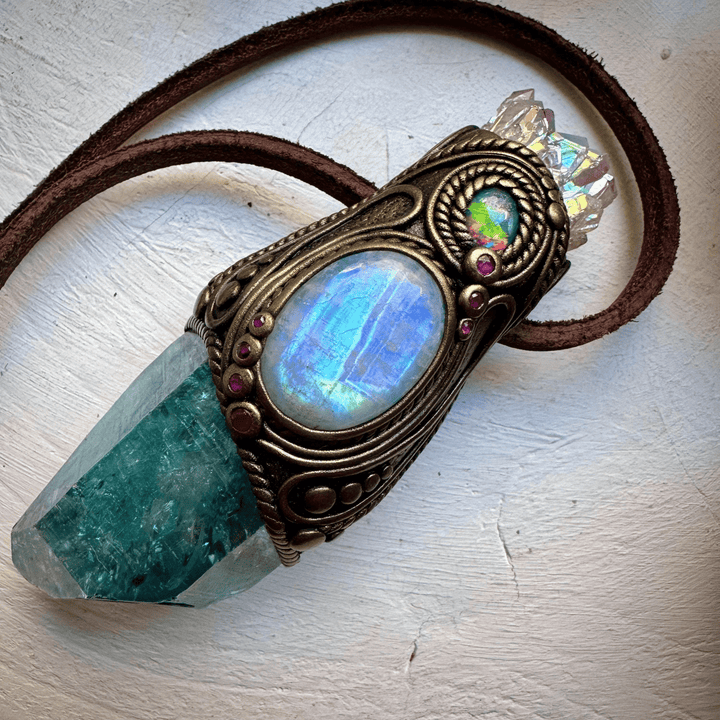Aqua Aura Quartz with Angel Aura Amethyst Rainbow Moonstone Australian Opal Triplet and Ruby Wand / Pendant - FairyGardenGlow