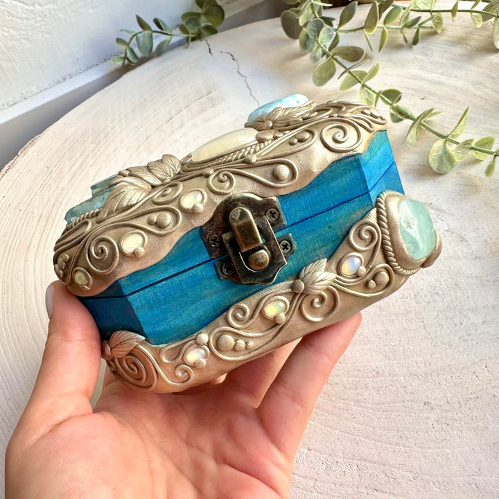 Unique spiritual gemstone box combining Aqua Aura Quartz, Aquamarine, Larimar and Rainbow Moonstone.