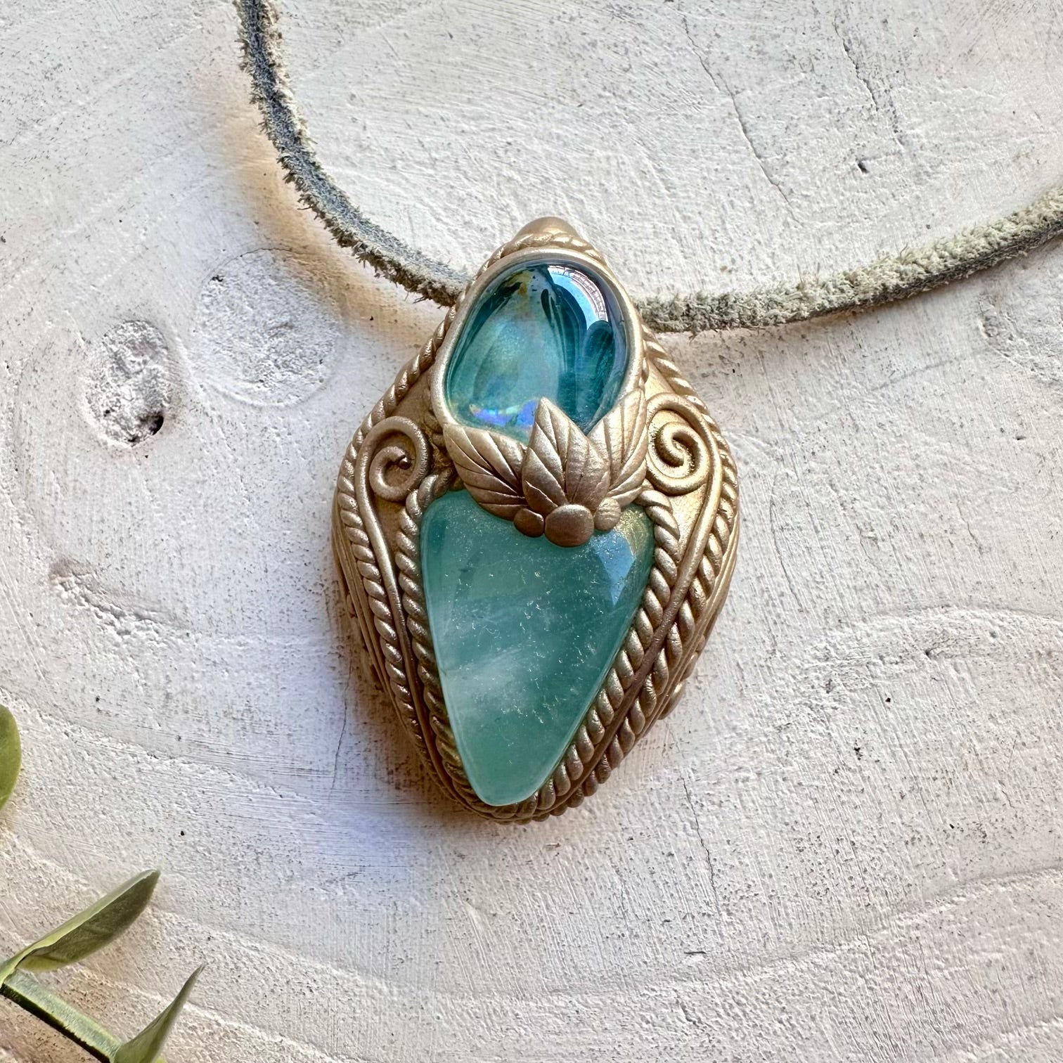 Crystal talisman necklace with aqua aura quartz and aquamarine healing stones