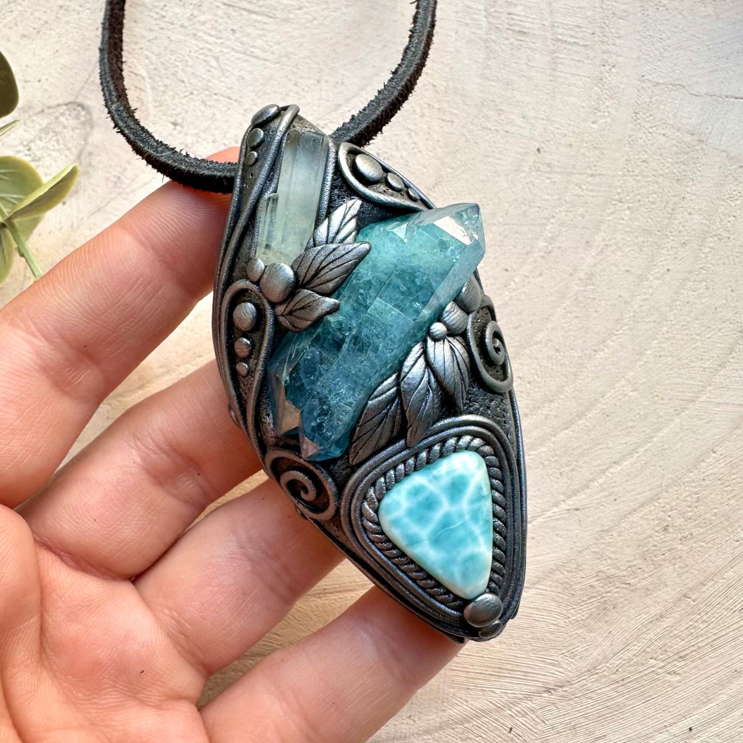 Aqua aura quartz aquamarine and larimar necklace