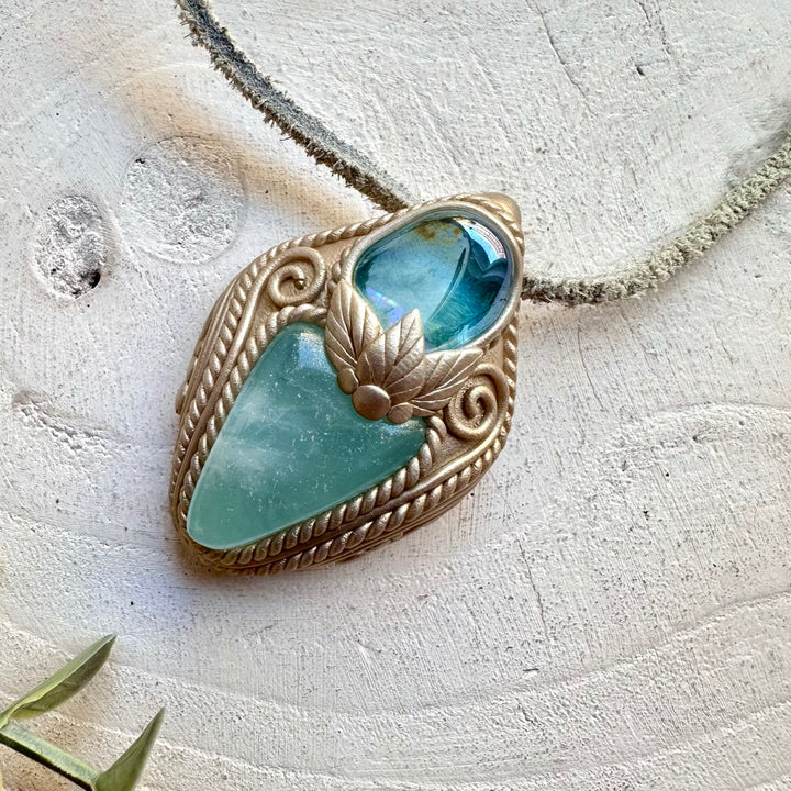 Aqua Aura Quartz and Aquamarine pendant necklace handmade