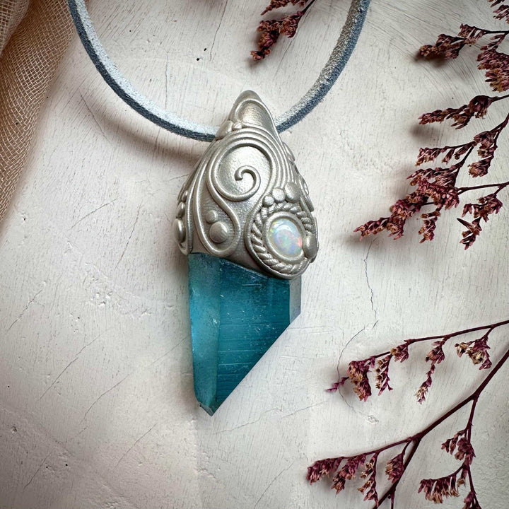 Aqua Aura Quartz and Australian Opal Pendant Necklace - FairyGardenGlow