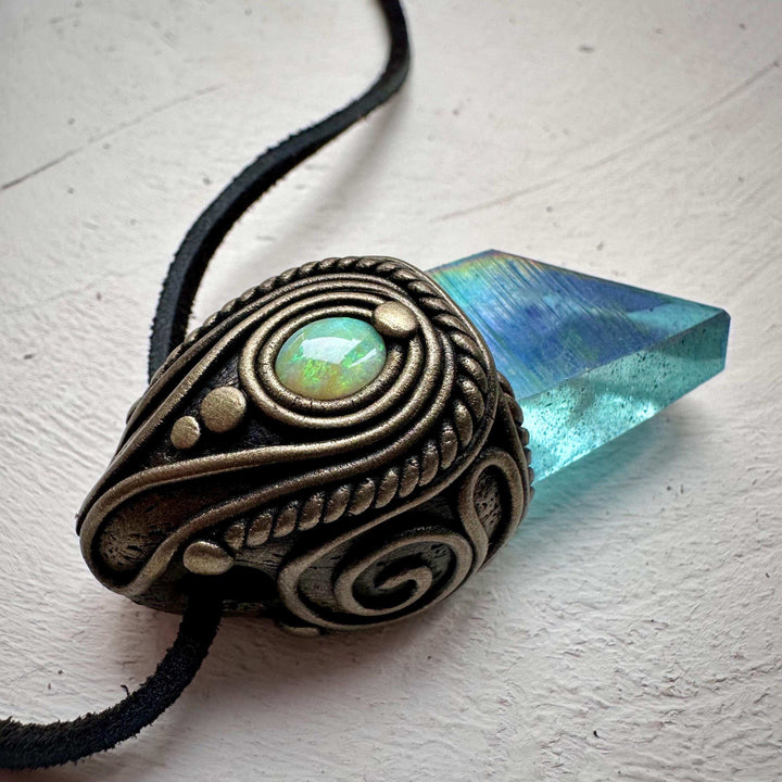 Aqua Aura Quartz and Australian Opal Necklace - FairyGardenGlow