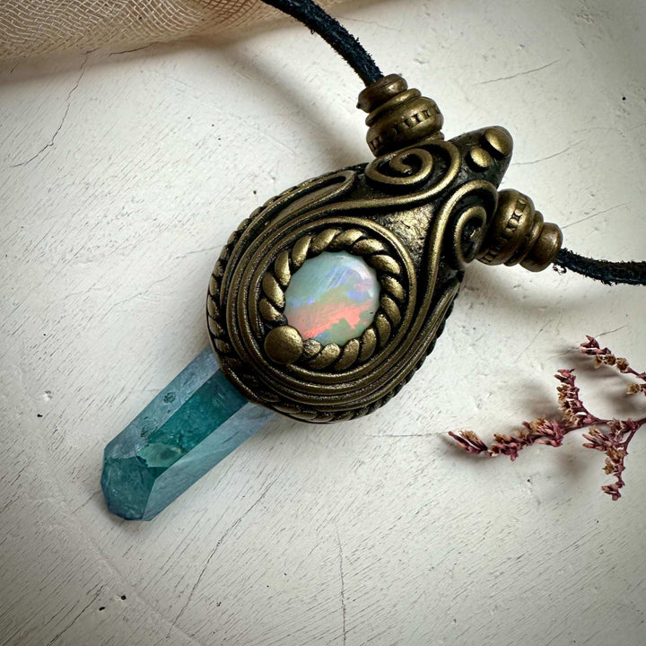 Aqua Aura Quartz and Australian Opal Necklace - FairyGardenGlow