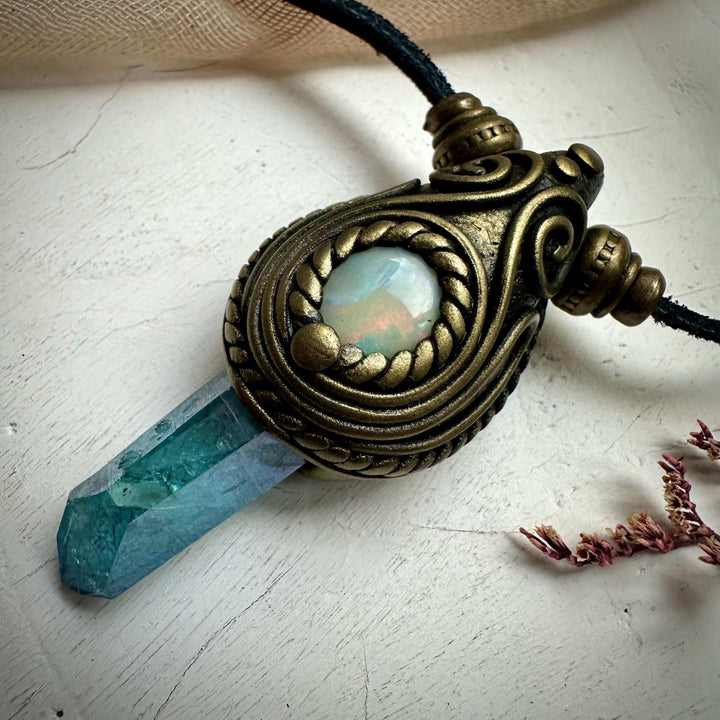 Aqua Aura Quartz and Australian Opal Necklace - FairyGardenGlow