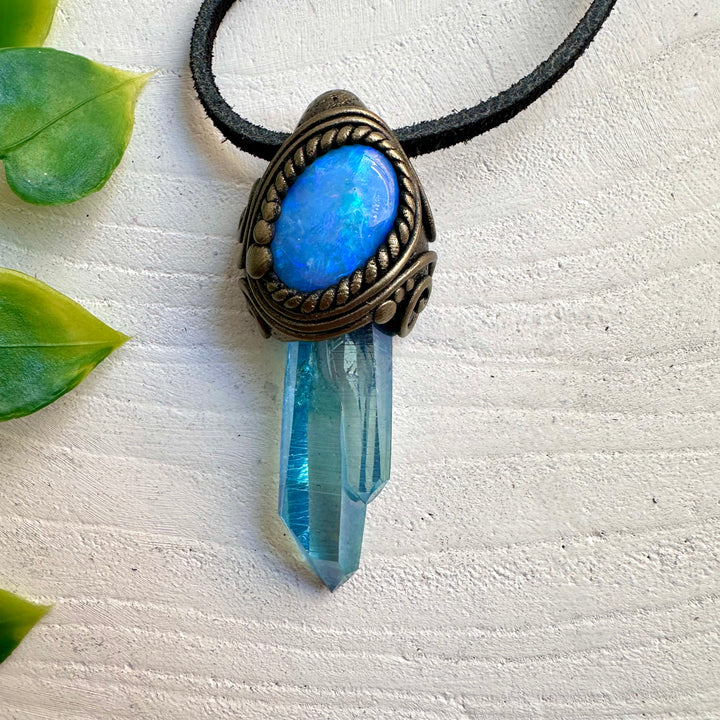 Aqua Aura Quartz and Australian Opal pendant necklace – handmade crystal jewelry