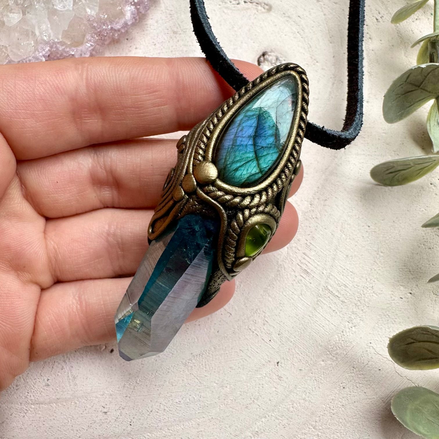 Aqua aura quartz with blue green labradorite and peridot pendant necklace