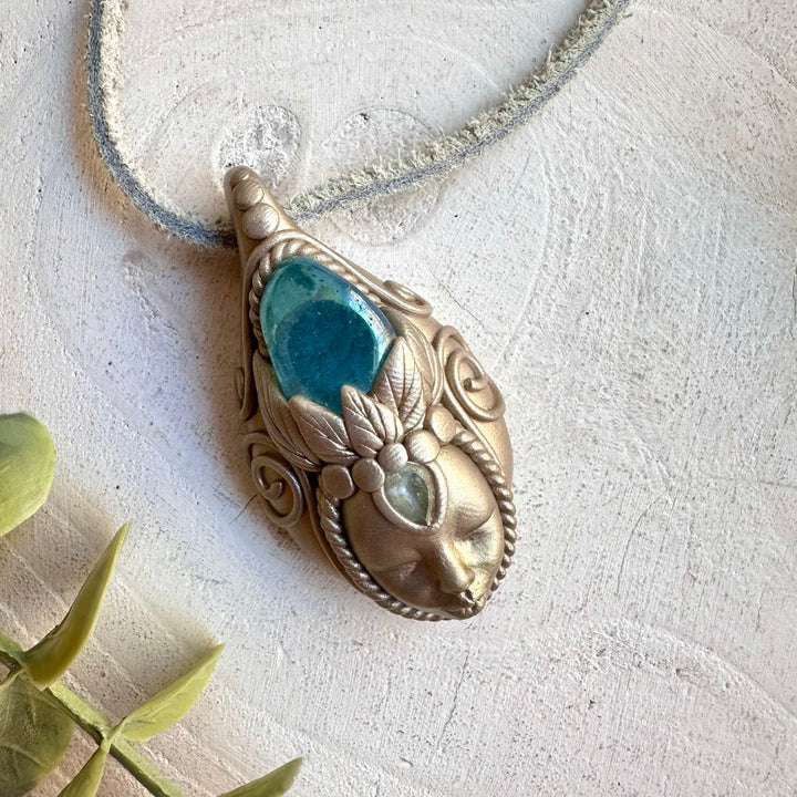 Aqua Aura Quartz and Blue Topaz goddess protection amulet necklace