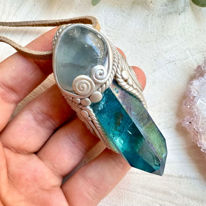 Aqua aura quartz and celestite pendant spiritual crystal necklace