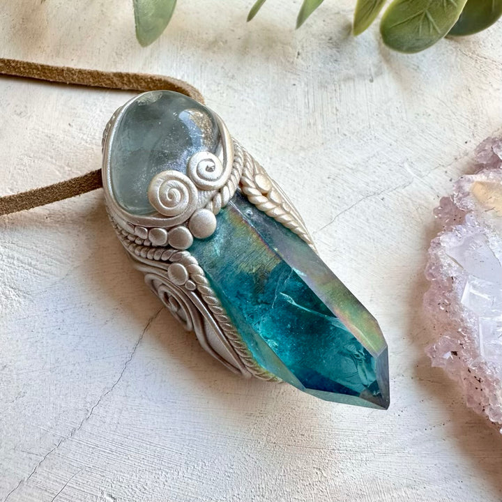 Handmade necklace featuring aqua aura quartz and celestite
