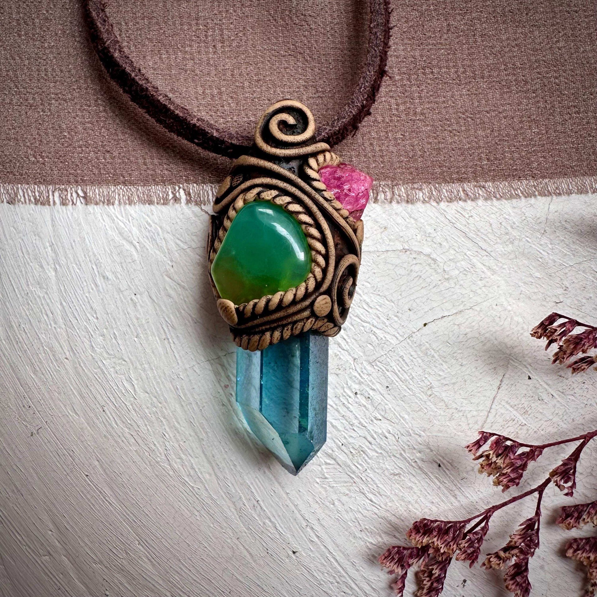 Aqua Aura Quartz Chrysoprase and Raw Spinel Necklace - FairyGardenGlow