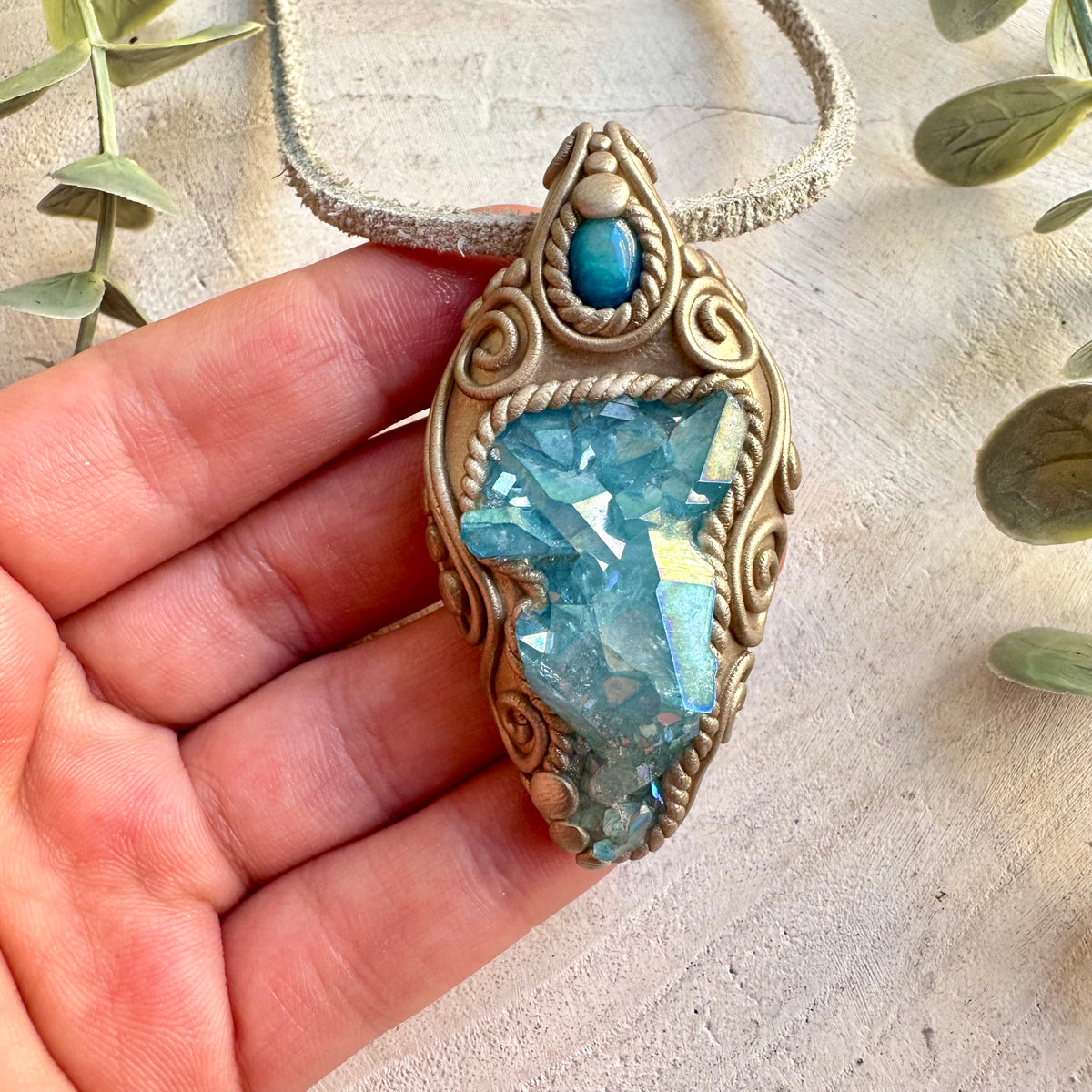 Aqua Aura Quartz Cluster and Blue Ethiopian Opal pendant necklace, handcrafted as unique healing crystal gemstone jewelry.