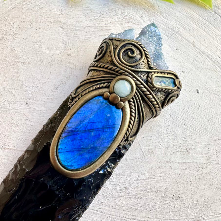Crystal wand with Aquamarine, Labradorite and Boulder Opal accents