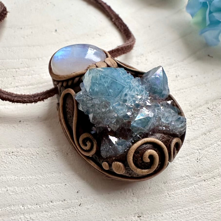 Boho crystal jewelry with Aqua Aura Quartz and Moonstone stones