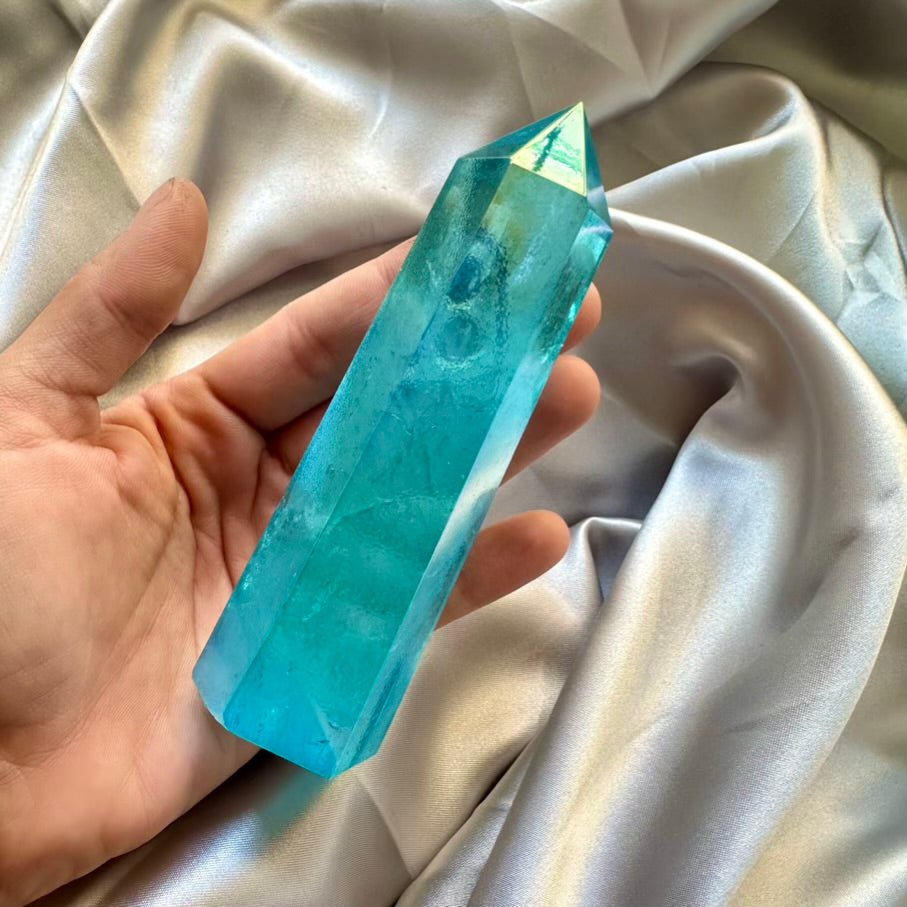 Aqua Aura Quartz Tower – Polished Blue Quartz Crystal Point for Energy Cleansing, Calm & Spiritual Growth - FairyGardenGlow