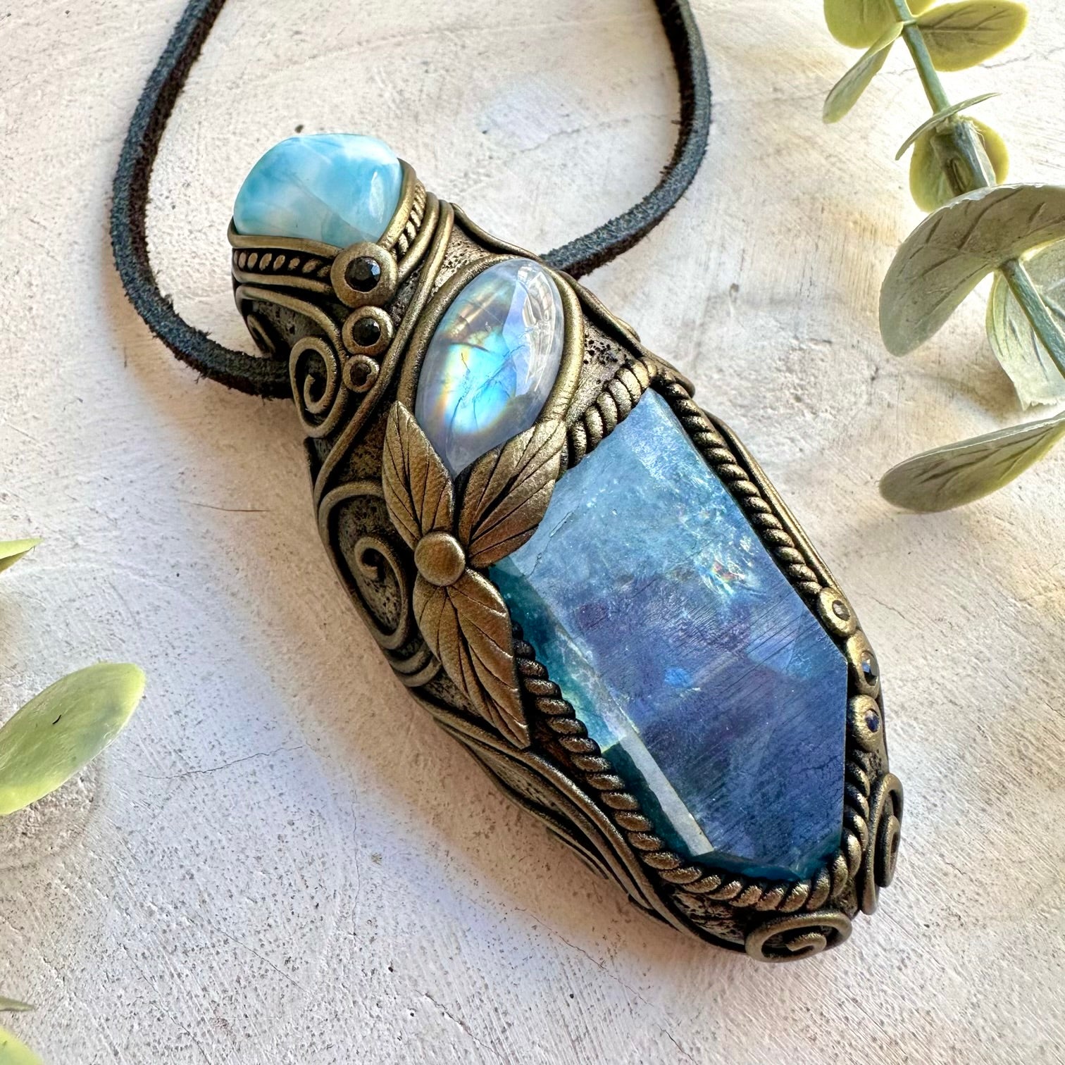 Aqua Aura Quartz with Larimar, Rainbow Moonstone and Blue Sapphire crystal talisman energy wand.