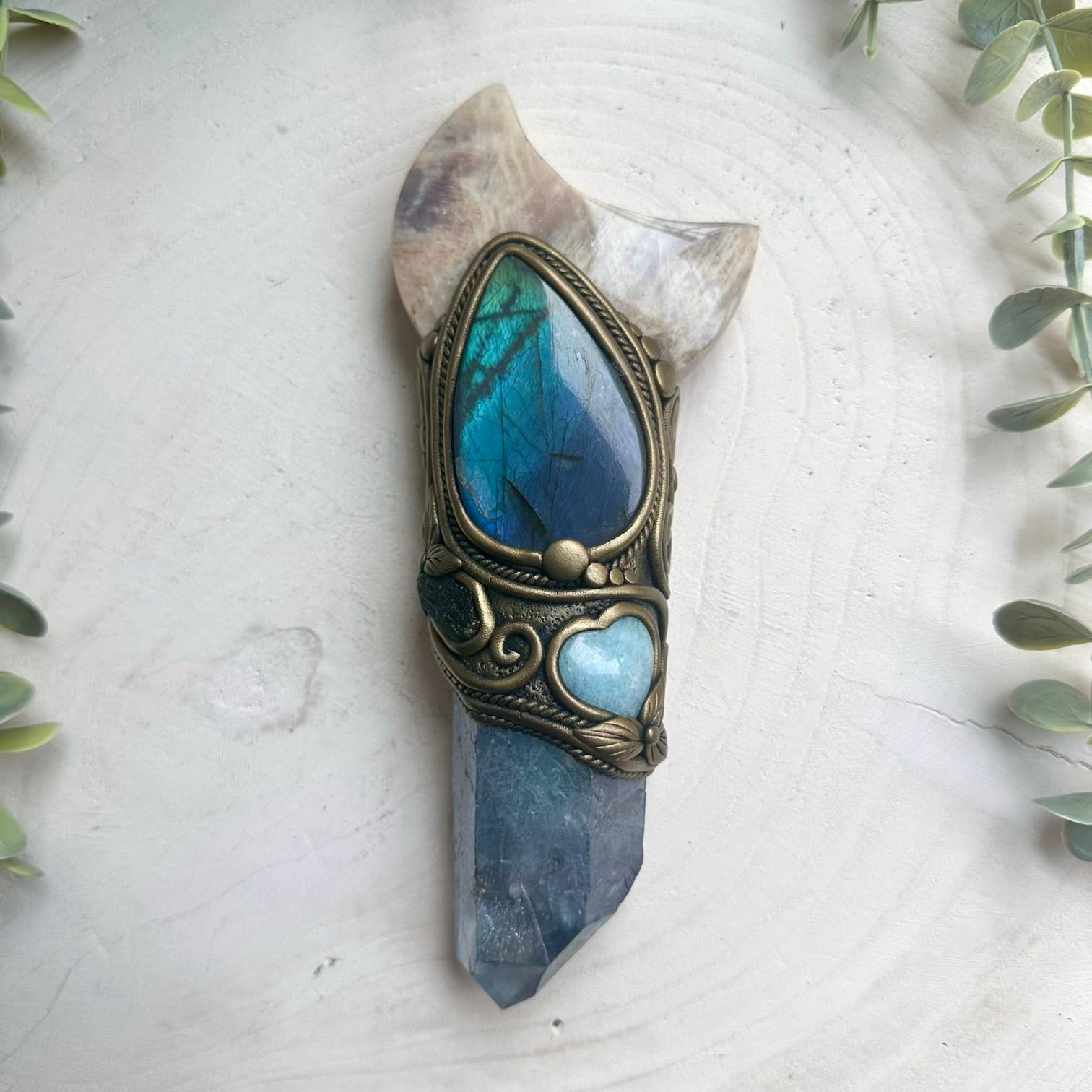 Handmade crystal wand featuring aqua aura quartz and a moonstone moon