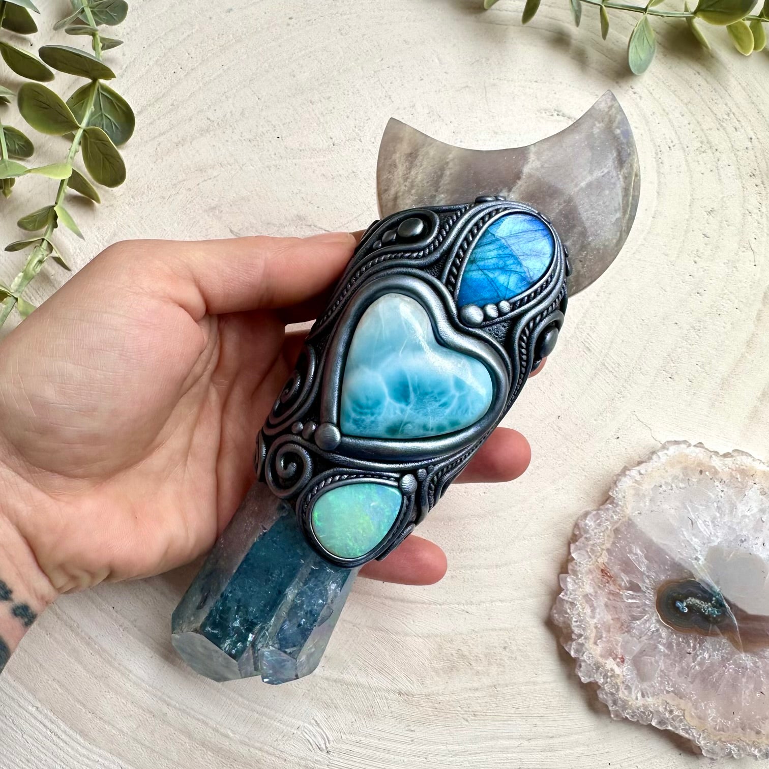 Aqua aura quartz crystal wand with larimar heart opal moonstone and labradorite