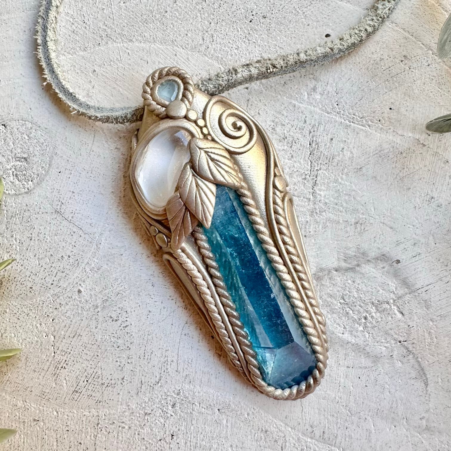 Aqua Aura Quartz with Danburite and Blue Topaz pendant
