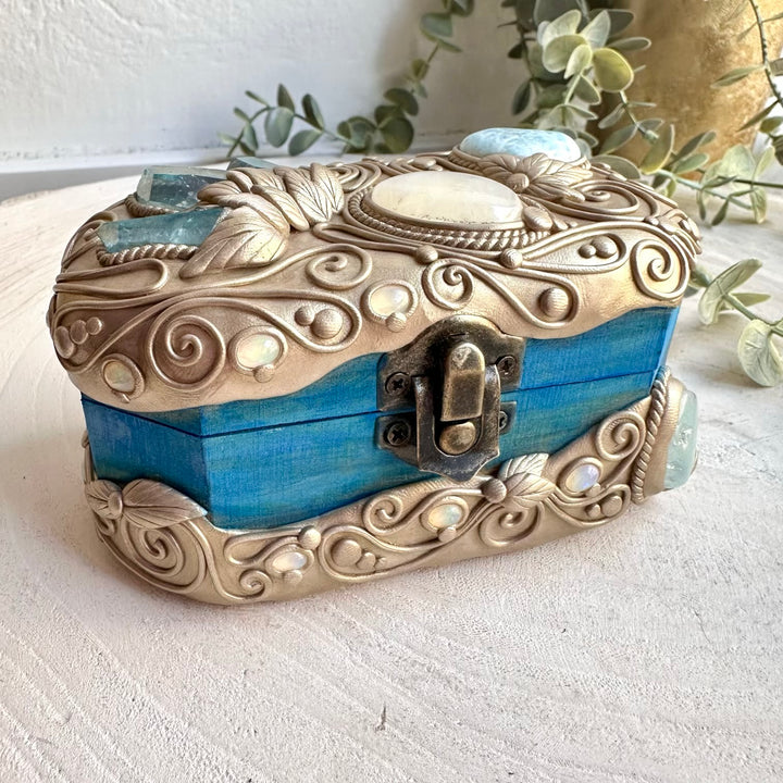 Handmade crystal box featuring Aqua Aura Quartz, Aquamarine and a beautiful Larimar Heart.